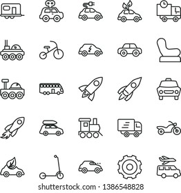 thin line vector icon set - truck lorry vector, Baby chair, motor vehicle, present, toy train, tricycle, child Kick scooter, car, delivery, eco, environmentally friendly transport, electric, retro