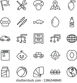 thin line vector icon set - book vector, toys over the cradle, cot, baby bath ball, motor vehicle, funny hairdo, small tools, sample of colour, map, flag, nightstand, package, bundle eggs, cake