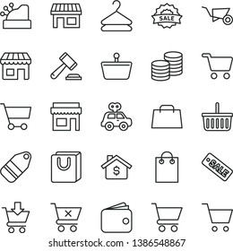 thin line vector icon set - grocery basket vector, hammer of a judge, motor vehicle present, building trolley, cart, put in, crossed, bag with handles, coins, hanger, label, kiosk, stall, shopping