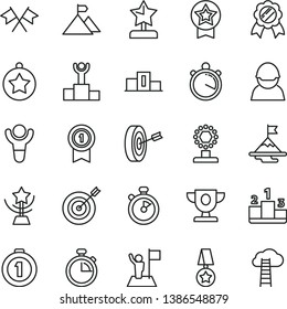 thin line vector icon set - stopwatch vector, pedestal, racer, winner, podium, prize, cup, star, reward, medal, man with flag, motivation, mountain, target, purpose, first place, pennant
