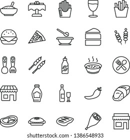 thin line vector icon set - plates and spoons vector, plastic fork, fried vegetables on sticks, piece of pizza, big burger, cake, pie, a bowl rice porridge, in saucepan, grill chicken leg, bacon