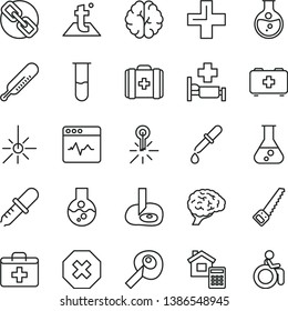 thin line vector icon set - mark of injury vector, spectacles, first aid kit, plus, mercury thermometer, bag a paramedic, medical, arm saw, estimate, temperature, cardiogram, round flask, outdoor