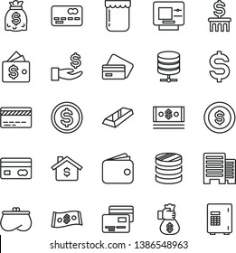 thin line vector icon set - bank card vector, buildings, big data server, cards, jam, reverse side of a, front the, column coins, denomination dollar, get wage, wallet, purse, dollars, cash, coin