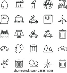 thin line vector icon set - bin vector, dust, drop, bag with handles, apple stub, solar panel, working oil derrick, gas station, windmill, wind energy, trees, forest, industrial building, factory