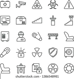 thin line vector icon set - warning vector, Baby chair, car child seat, safety pin, open, bag of a paramedic, workman, road fence, strongbox, cardboard box, radiation hazard, encrypting, nuclear