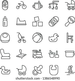 thin line vector icon set - toys over the cradle vector, dummy, mug for feeding, bottle, bib, baby, beanbag, chair, stroller, carriage, summer, rubber duck, duckling, bath ball, roly poly doll, a
