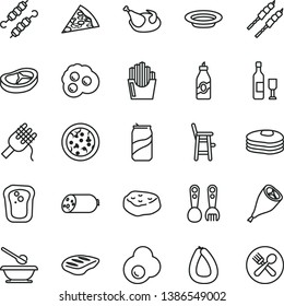 thin line vector icon set - plates and spoons vector, a chair for feeding child, plastic fork, sausage, stick of, pizza, piece, spaghetti, plate, chicken, grill leg, bacon, chop, barbecue, soda can