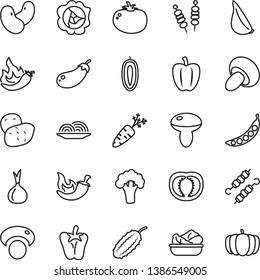 thin line vector icon set - fried vegetables on sticks vector, onion, mushroom, porcini, lettuce in a plate, meat skewers, tomato, chili, peper, garlic, squash, sweet date fruit, half, Bell pepper