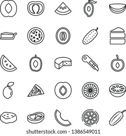 thin line vector icon set - stationery knife vector, cheese, pizza, piece of, cake, slice, bacon, meat, cucumber, orange, plum, melon, half mango, delicious, peach, cherry, sour lime, lemon, coconut
