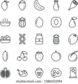 thin line vector icon set - hot porridge vector, lettuce in a plate, chicken, grill leg, omelette, jar of jam, strawberry, cherry, ripe peach, half pomegranate, pear, raspberry, rose hip, blackberry