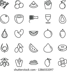 thin line vector icon set - stick of sausage vector, onion, noodles, cake with a hole, pepper, French fries, sushi set, glass, orange slice, cornels, fig, blueberry, blueberries, mango, goji berry