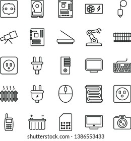 thin line vector icon set - keyboard vector, power socket type b, f, plummet, heating coil, screen, battery, plug, electric, assembly robot, SIM, cast iron radiator, mobile phone, fan, mouse, tower