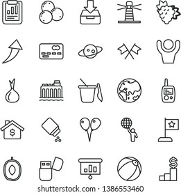 thin line vector icon set - baby powder vector, bath ball, toy mobile phone, children's sand set, colored air balloons, put in a box, branch of grape, blueberries, delicious plum, onion, planet