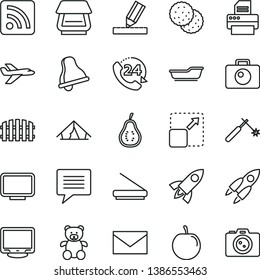 thin line vector icon set - bell vector, image of thought, envelope, rss feed, bath, teddy bear, drawing, fence, camera, 24, expand picture, biscuit, tasty plum, part guava, welding, monitor, rocket