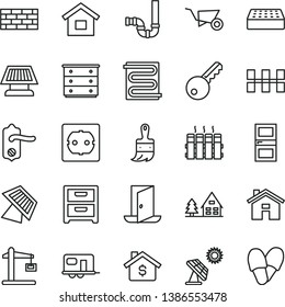 thin line vector icon set - house vector, chest of drawers, dwelling, brickwork, building trolley, wooden paint brush, siphon, power socket type f, door knob, interroom, ceramic tiles, brick, sun