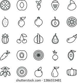 thin line vector icon set - beet vector, carrot, strawberry, cherry, half apricot, quince, medlar, mulberry, of mango, goji berry, peach, yellow lemon, juicy, kiwi, passion fruit, orange, guava