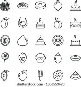 thin line vector icon set - cake vector, birthday, torte, with a hole, pie, apple, lollipop, popsicle, strawberry, strawberries, half pomegranate, red, fig, medlar, of mango, melon, ripe plum, kiwi