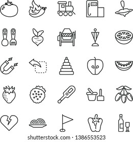 thin line vector icon set - pennant vector, electronic thermometer e, stacking toy, sand set, plastic fork spoons, baby train, small yule, concrete mixer, broken heart, move left, onion, tomato