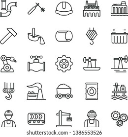thin line vector icon set - builder vector, hook, winch, construction helmet, hammer, sea port, oil derrick, working, valve, water pipes, factory, battery, hydroelectricity, industrial, gear, crane