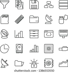 thin line vector icon set - floppy disk vector, folder, pie chart, negative histogram, storage unit, flowchart, address book, processor, satellite antenna, filter, bar, statistical research, memory
