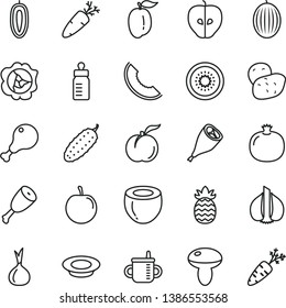 thin line vector icon set - mug for feeding vector, bottle, mushroom, a plate of milk, chicken leg, thigh, grill, cucumber, carrot, ripe peach, pomegranate, squash, tasty apple, melon, slice, plum