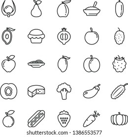 thin line vector icon set - cheese vector, Hot Dog, slices of onion, cake, a bowl buckwheat porridge, carrot, strawberry, pear, apple, half apricot, red, medlar, blackberry, blueberry, mulberry