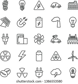 thin line vector icon set - lightning vector, danger of electricity, matte light bulb, saving, storm cloud, coffee beans, marine propeller, charge level, charging battery, modern gas station, plug