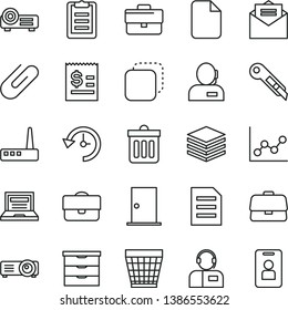 thin line vector icon set - laptop vector, briefcase, wicker pot, graph, storage unit, ntrance door, stationery knife, received letter, dust bin, pile, operator, clip, copy, portfolio, dispatcher