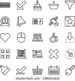 thin line vector icon set - bell vector, laptop, grocery basket, cross, abacus, putty knife, heart, size, move down, right bottom arrow, birthday cake, pan, filter, calendar, mouse, keyboard, star