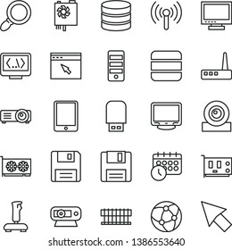 thin line vector icon set - monitor vector, tablet pc, radiator fan, power supply, tower, card, gpu, web camera, router, usb flash, network, browser, floppy, coding, wireless, projector, magnifier