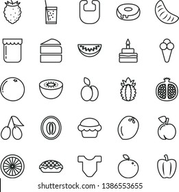 thin line vector icon set - bib vector, Child T shirt, cake, piece of, birthday, with a hole, apple pie, glass soda, cone, jam, peach, half pomegranate, cornels, tasty raspberry, melon, water slice