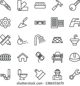thin line vector icon set - house vector, cogwheel, trowel, concrete mixer, color samples, washbasin, toilet, shower, siphon, key, building level, city block, writing accessories, brick, hawser