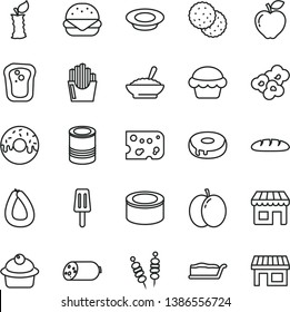thin line vector icon set - sausage vector, stick of, piece cheese, loaf, canned goods, tin, fried vegetables on sticks, big burger, cake, muffin, slice, with a hole, glazed, bowl buckwheat porridge