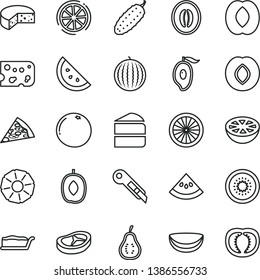 thin line vector icon set - stationery knife vector, piece of cheese, pizza, cake, slice, bacon, cucumber, orange, plum, water melon, half mango, delicious, peach, kiwi, lemon, coconut, pineapple