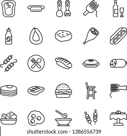 thin line vector icon set - plates and spoons vector, a chair for feeding child, plastic fork, sausage, stick of, fried vegetables on sticks, Hot Dog, mini, burger, spaghetti, noodles, pie, chop