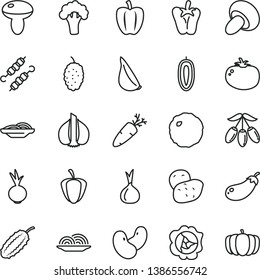 thin line vector icon set - onion vector, slices of, mushroom, porcini, meat on skewers, cabbage, tomato, pepper, beet, garlic, carrot, squash, mulberry, goji berry, sweet date fruit, Bell pepper