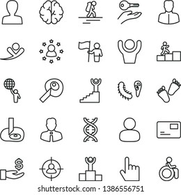 thin line vector icon set - woman vector, children's tracks, employee, index finger, pass card, man, in sight, get a wage, dna, brain, bactery, artifical insimination, winner podium, carrer stairway