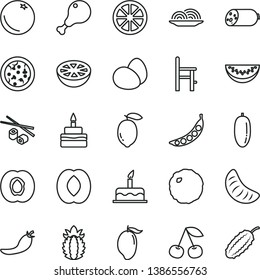 thin line vector icon set - a chair for feeding vector, cake, sausage, eggs, pizza, onion, birthday, chicken leg, cabbage, Chinese chopsticks, orange, cherry, half apricot, mango, peach, date fruit