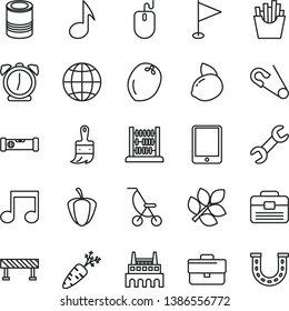 thin line vector icon set - briefcase vector, pennant, summer stroller, open pin, abacus, wooden paint brush, portfolio, construction level, road fence, alarm clock, earth, tin, French fries, carrot
