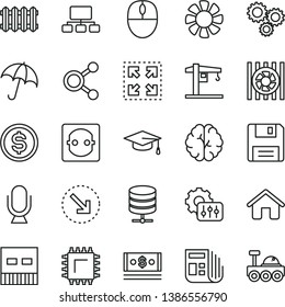 thin line vector icon set - crane vector, house, new radiator, microphone, umbrella, big data server, size, right bottom arrow, power socket, smd, connections, three gears, scheme, dollar, cash, fan