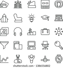 thin line vector icon set - laptop vector, graph, Baby chair, key, picture, headphones, half tomato, modern gas station, filter, cashbox, computer, usb, connect, bulb, scientist, winner, graduate