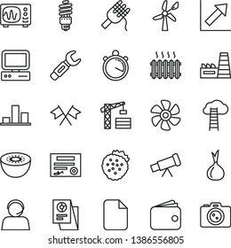 thin line vector icon set - growth chart vector, tower crane, spaghetti, strawberries, kiwi, onion, marine propeller, wind energy, thermal power plant, saving bulb, steel repair key, wallet, file