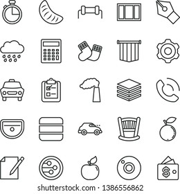 thin line vector icon set - camera vector, calculator, cradle, rainy cloud, warm socks, cogwheel, window frame, sink, timer, car, pile, notes, survey, phone call, apricot, blueberry, manufacture