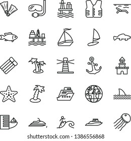 thin line vector icon set - anchor vector, small fish, sea port, commercial seaport, lighthouse, planet, sand castle, sail boat, hotel, beach, palm tree, starfish, flippers, diving mask, surfing