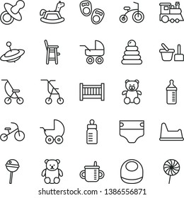 thin line vector icon set - baby cot vector, dummy, mug for feeding, bottle, measuring, diaper, bib, stroller, carriage, summer, sitting, stacking rings, toy sand set, potty chair, a child, small