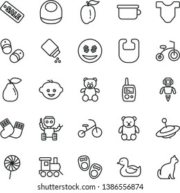 thin line vector icon set - baby powder vector, bib, Child T shirt, rubber duck, warm socks, toy mobile phone, children's potty, teddy bear, small, hairdo, train, yule, bicycle, tricycle, lollipop