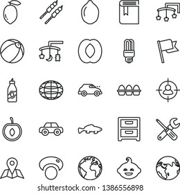 thin line vector icon set - sign of the planet vector, book, toys over cradle, cot, baby bath ball, motor vehicle, funny hairdo, small tools, map, flag, nightstand, bundle eggs, barbecue, fish, lime