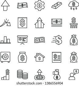 thin line vector icon set - upward direction vector, dollar, strongbox, coins, chart, a crisis, article on the, financial item, money, dollars, cash, report, growth arrows, gold bar, bag hand, rain