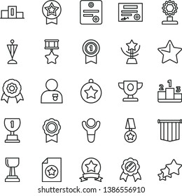 thin line vector icon set - star vector, pedestal, medal, patente, winner, prize, award, cup, gold, man with, pennant, hero, ribbon, certificate, flag, three stars
