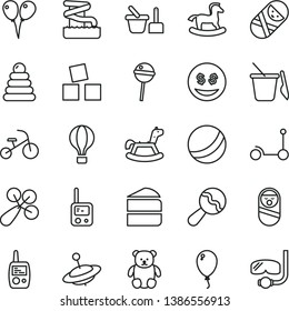 thin line vector icon set - beanbag vector, baby rattle, bath ball, stacking rings, roly poly doll, tumbler, toy phone, mobile, sand set, children's, small teddy bear, yule, rocking horse, balloon